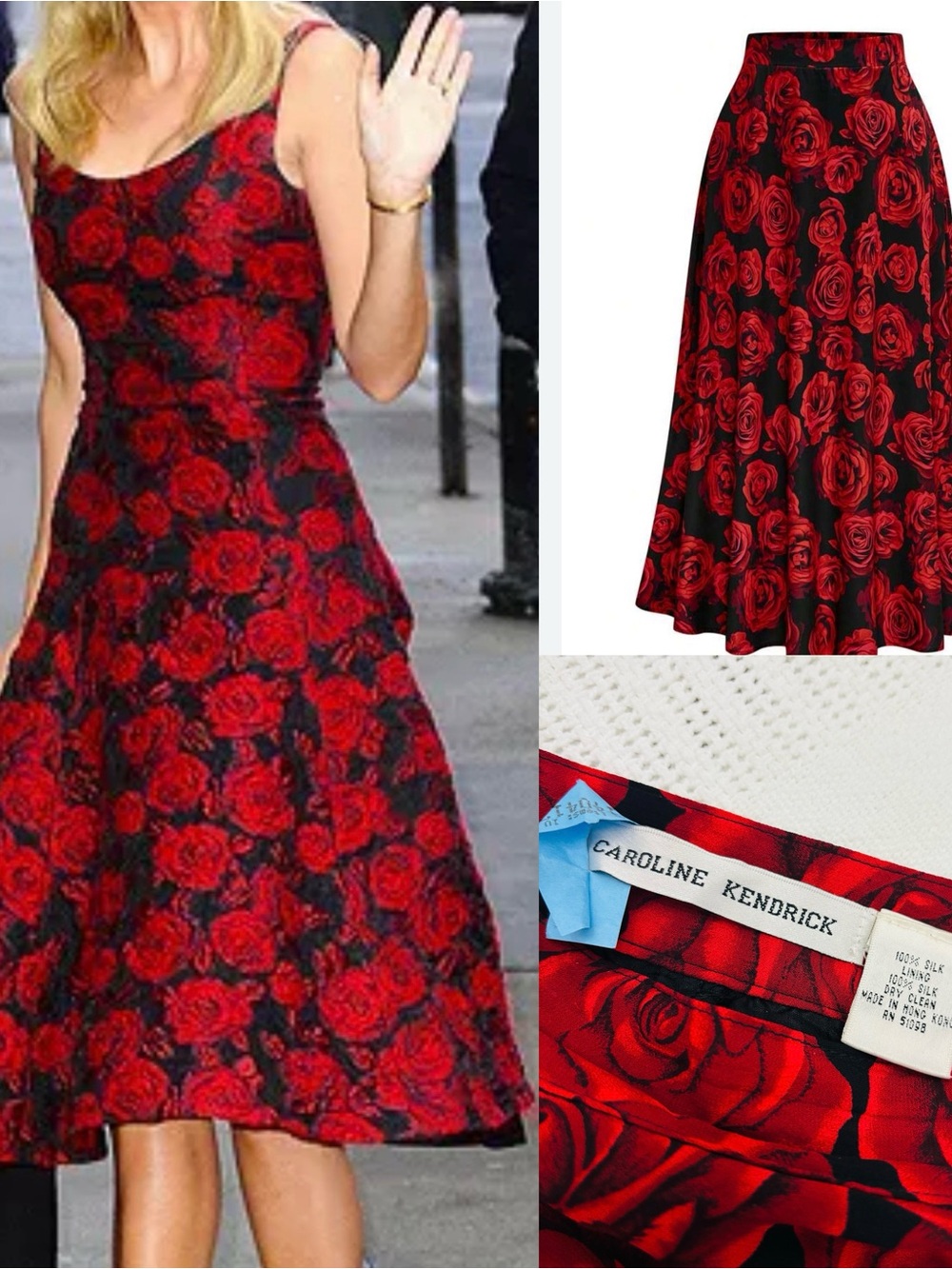 100% Silk-Caroline Kendrick Vintage Red Rose Print Midi-Skirt